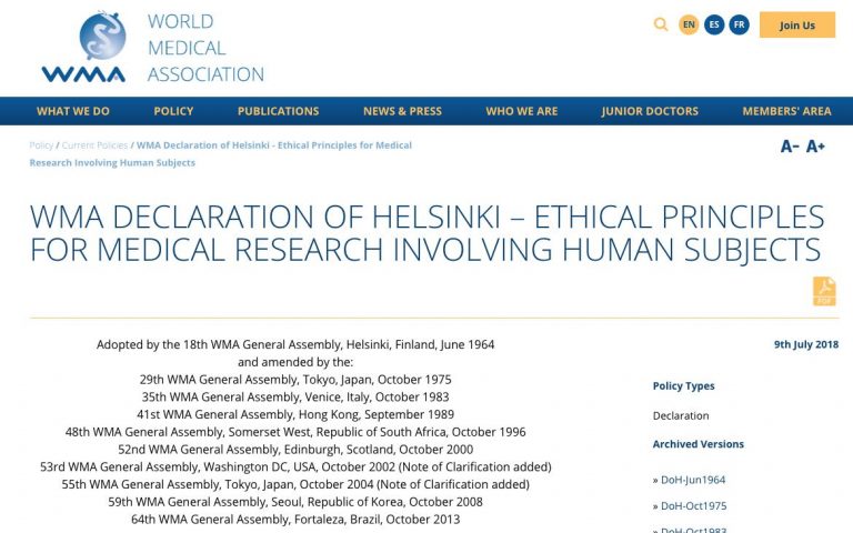 WMA DECLARATION OF HELSINKI – ETHICAL PRINCIPLES FOR MEDICAL RESEARCH ...