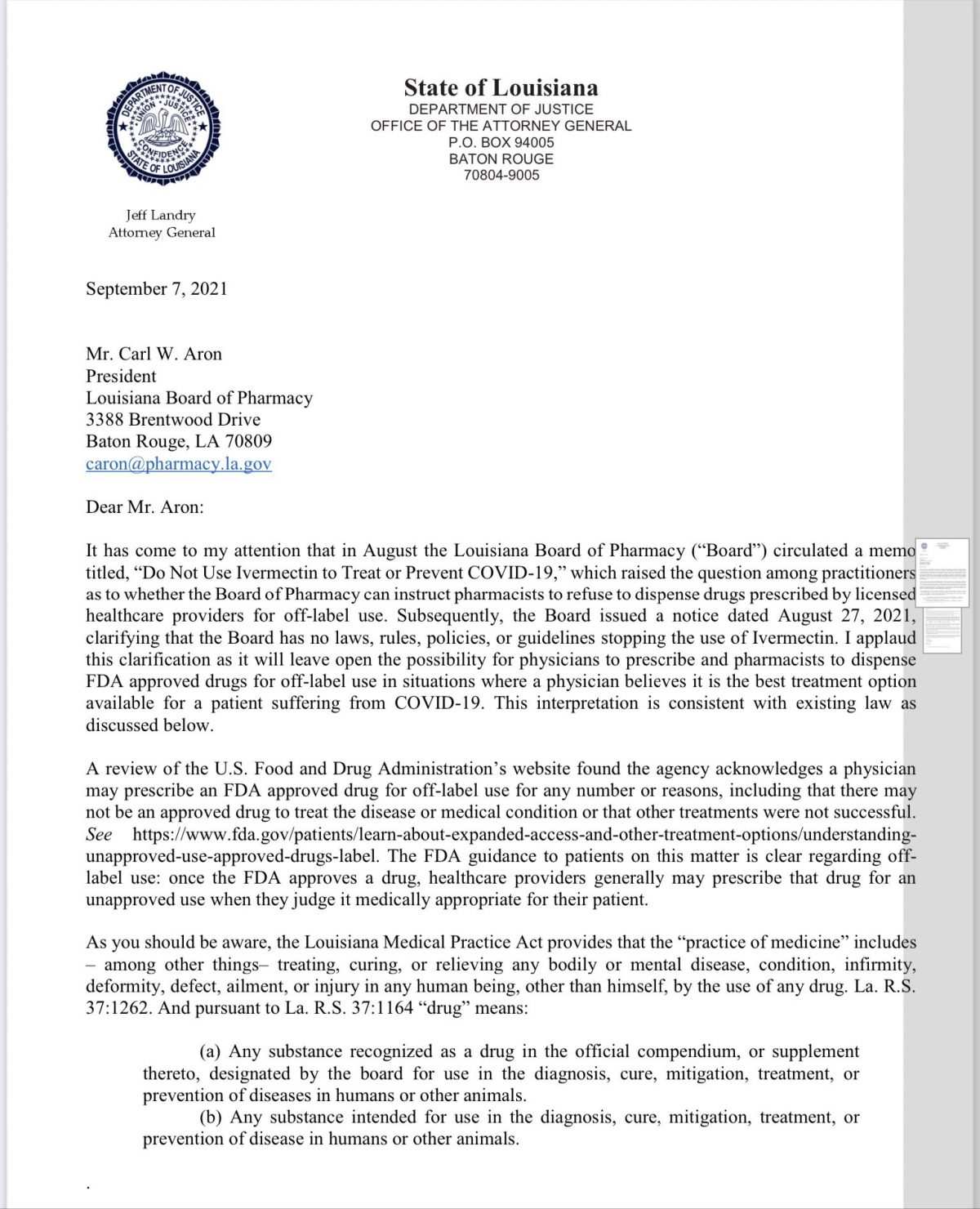 Louisiana Attorney General Jeff Landry Letter to Pharmacy Board: Do Not 